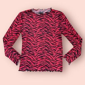 ZARA Sheer Mesh Magenta Zebra Print Mock Neck Top | Small
